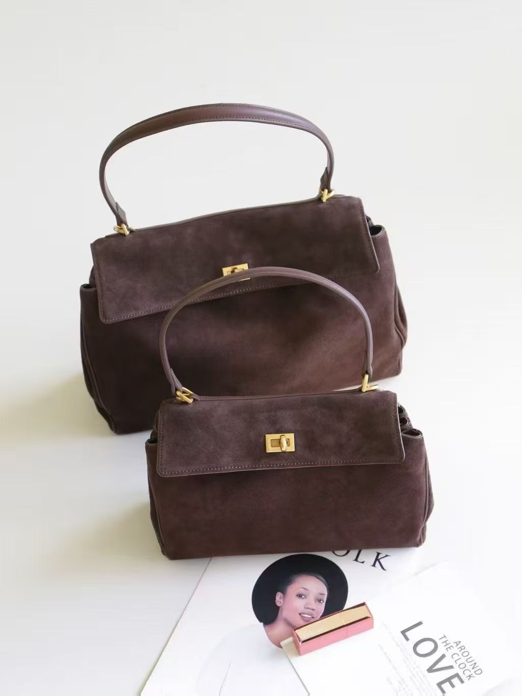 Handmade Suede Leather Handbag for Work Business Tote Bag Office Ladies